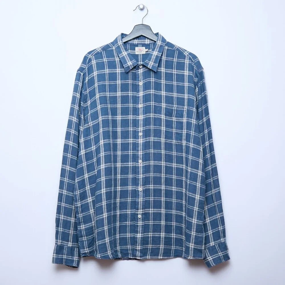 Faherty Laguna 100% Linen Nightfall Plaid Button Down Blue Shirt XXL